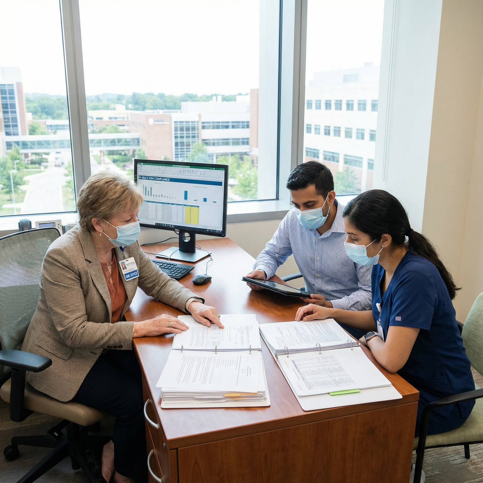 Hospital education office advising international medical graduates on visa options - H-1B Visa for Navigating H-1B and J-1 Vi