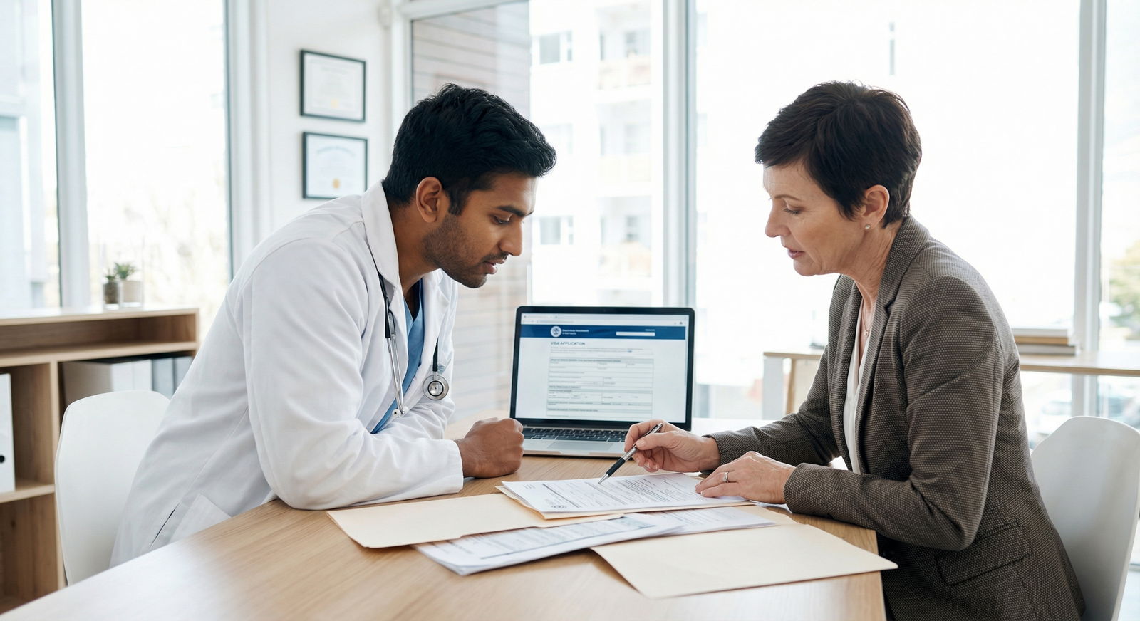 International medical graduate meeting with immigration attorney to review visa compliance - H-1B Visa for Navigating H-1B an