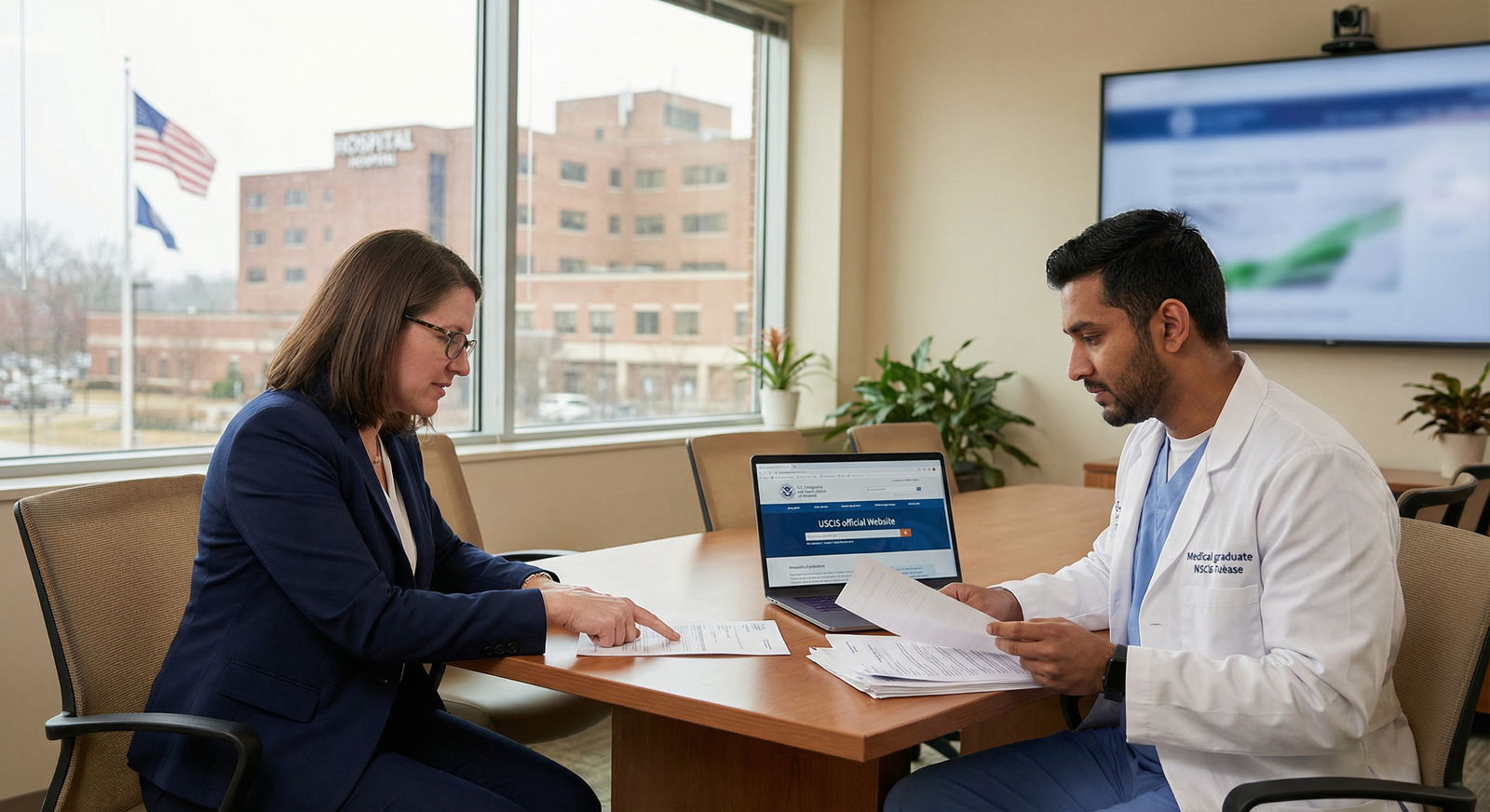 Immigration advisor counseling an international medical graduate - H-1B Visa for Navigating H-1B and J-1 Visas: Essential Gui