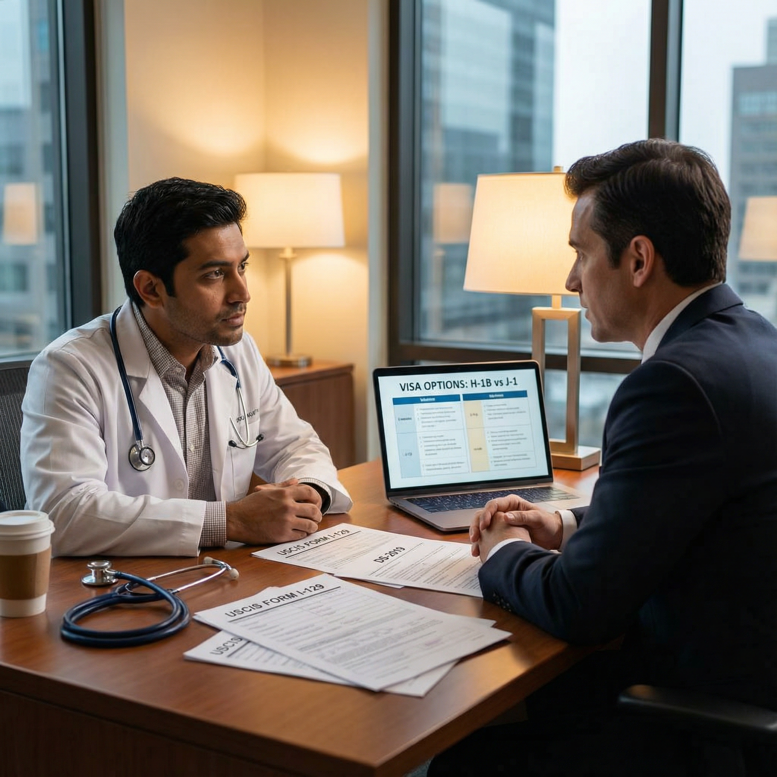 International medical graduate consulting with immigration advisor before choosing a visa - H-1B Visa for H-1B vs J-1 Visa: E