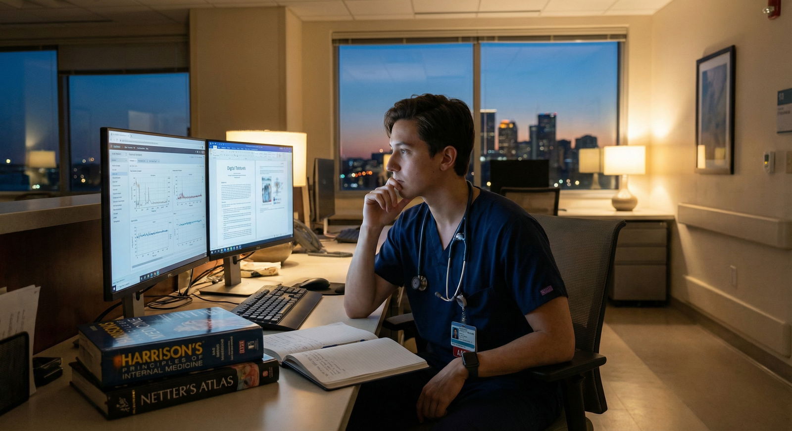 Medical resident reflecting and studying during preliminary year Medical resident reflecting and studying during preliminary year - Medical Residency for Navigating the Preliminary Year: Ins