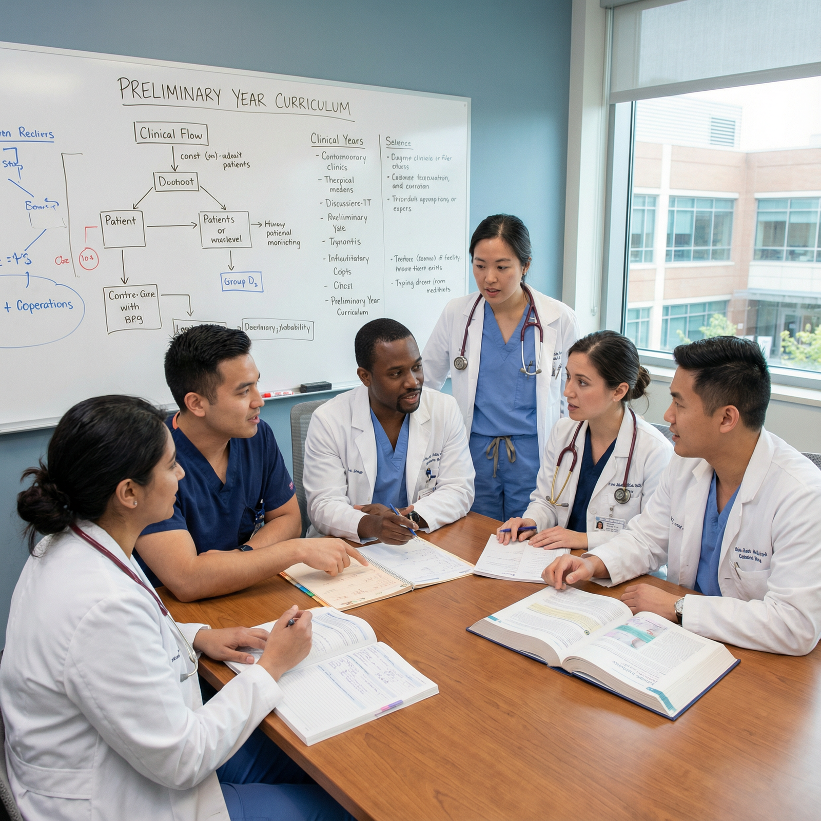 Medical residents debriefing and studying together - Medical Education for Unlocking the Power of the Preliminary Year in Med