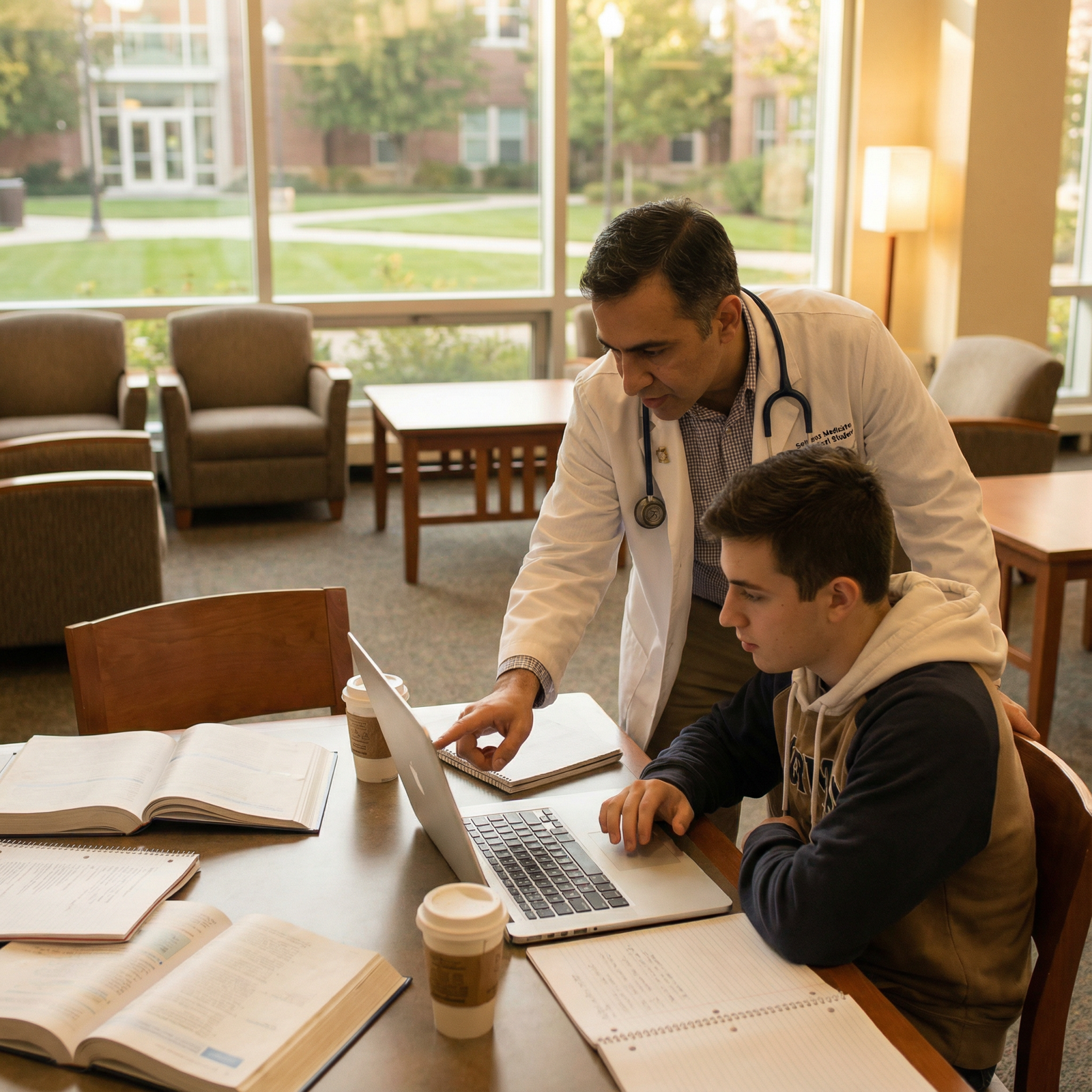 Medical student mentoring a younger student in a study area - Residency Application for Enhancing Your Residency Application: