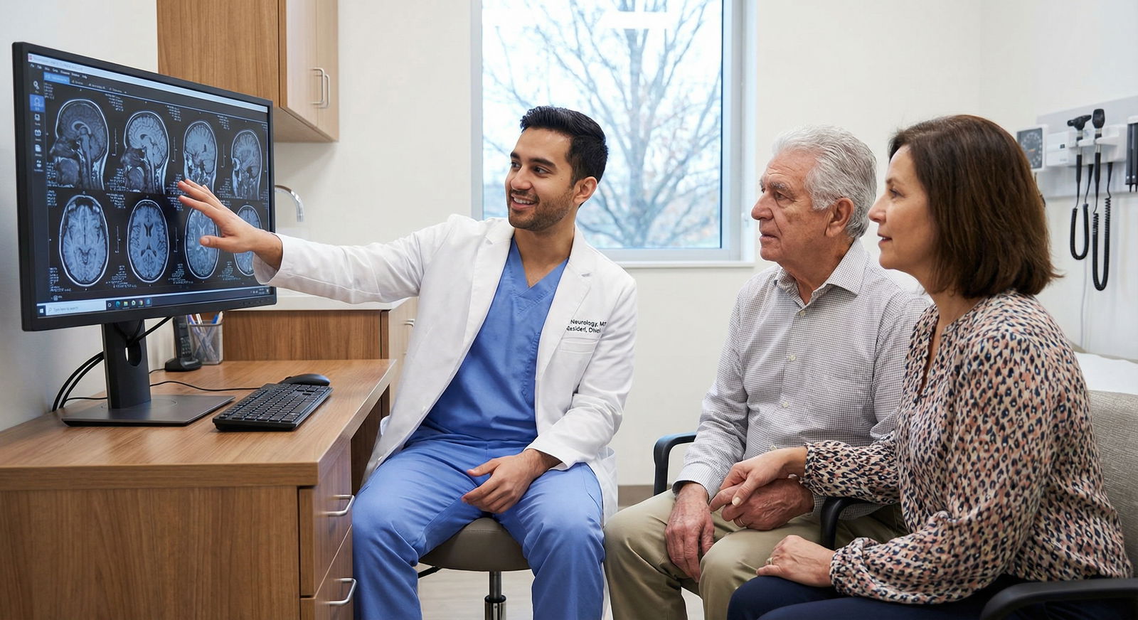 Neurology resident counseling a patient and family about brain imaging results - Neurology for Is a Neurology Residency the R
