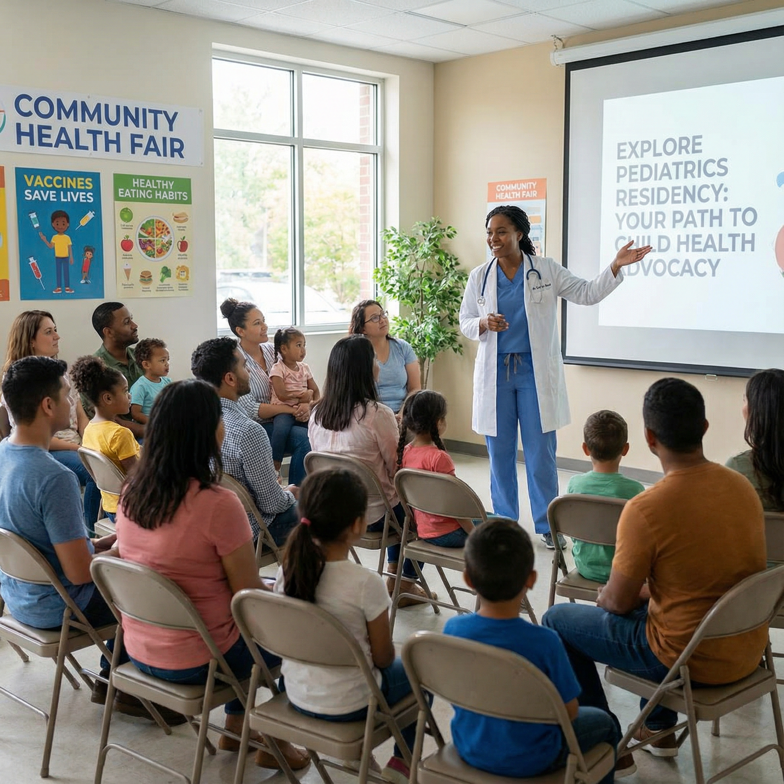 Pediatrician leading a community child health education session - Pediatrics Residency for Explore Pediatrics Residency: Your