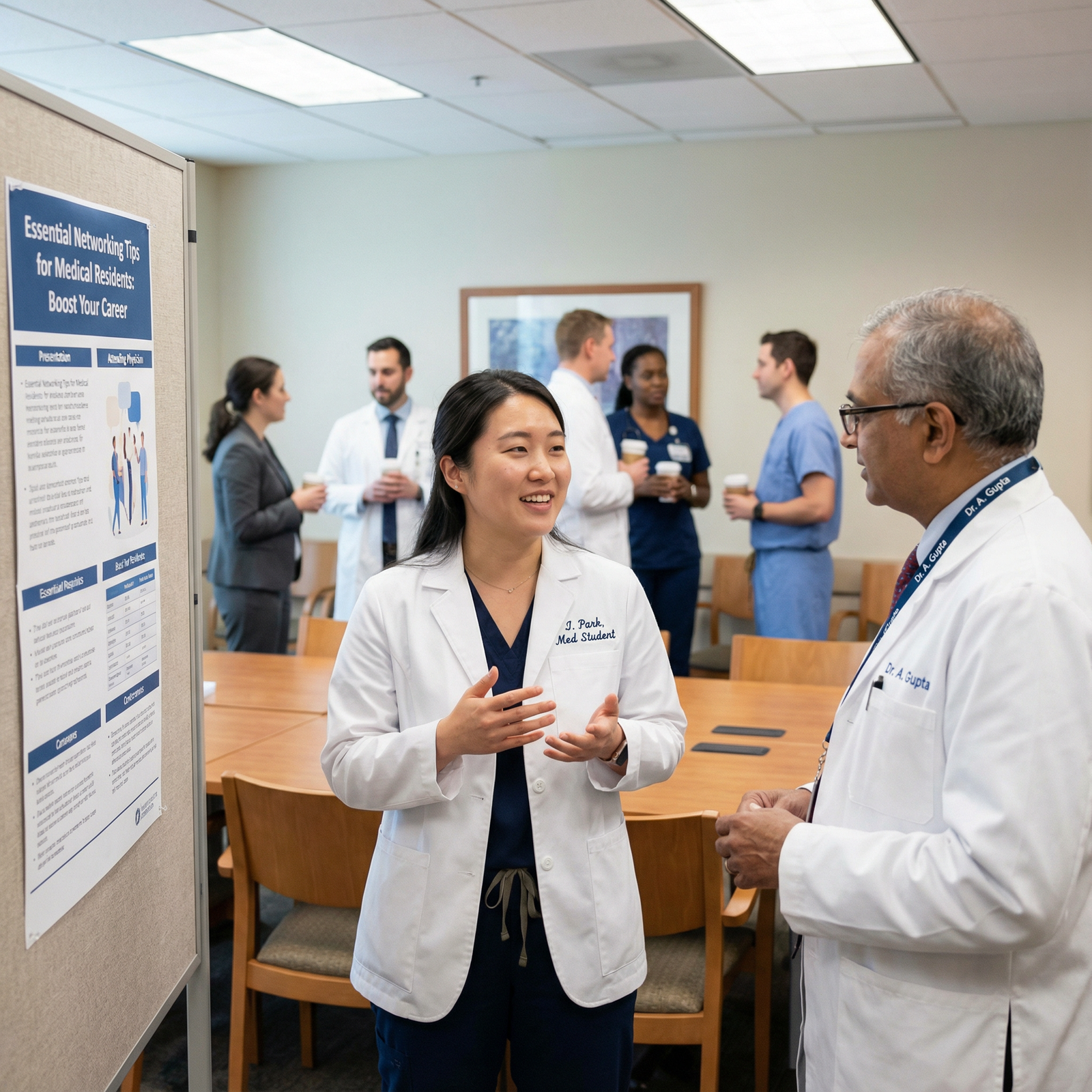 Medical student networking with a mentor during a hospital teaching conference - Medical Networking for Essential Networking