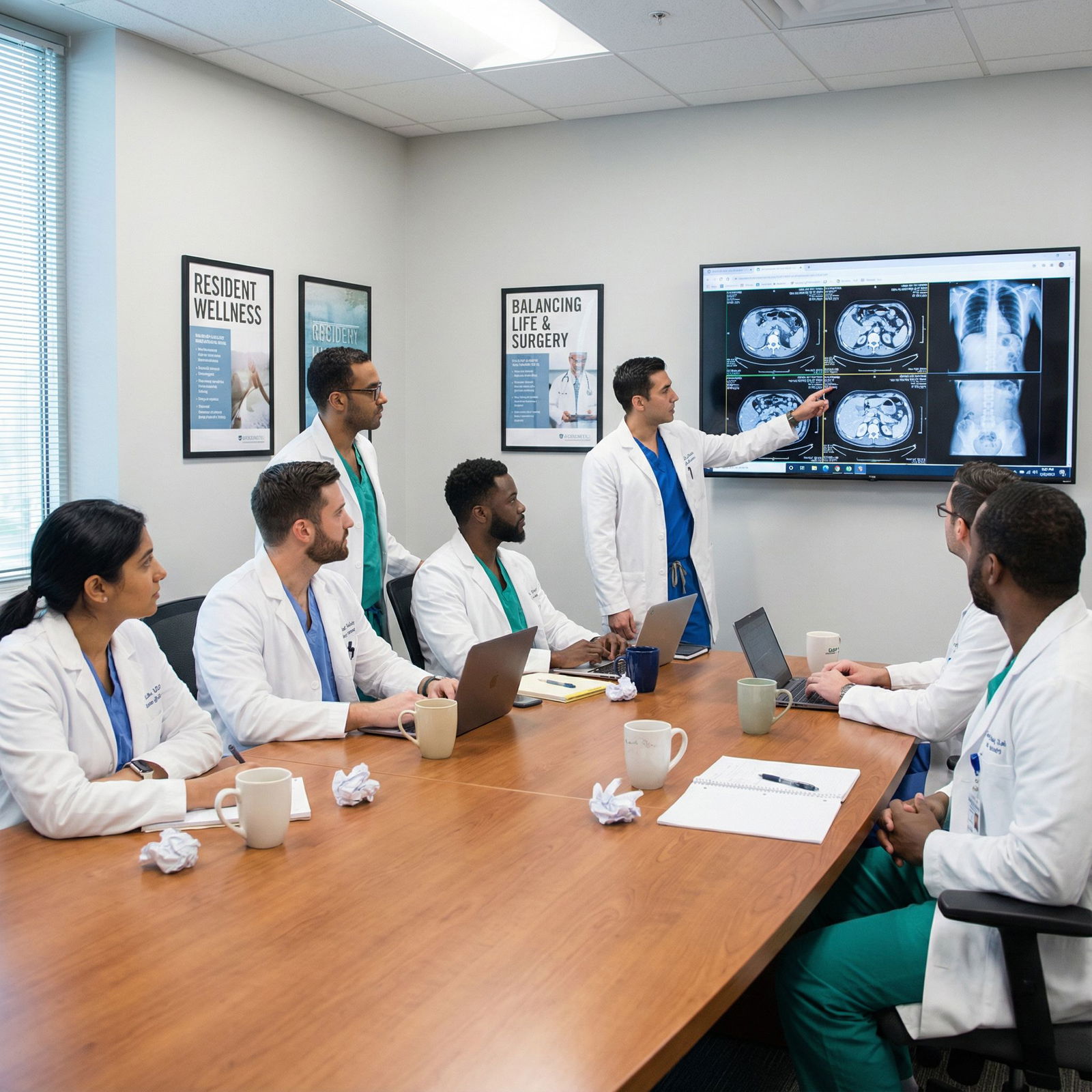 General surgery residents discussing cases and wellness in a conference room General surgery residents discussing cases and wellness in a conference room - General Surgery for Mastering Your General Sur