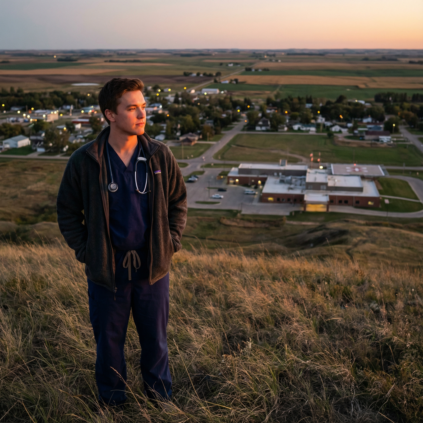 Surgical resident reflecting while overlooking a rural landscape - Rural Surgery for Mastering Rural Surgery Residency: Overc
