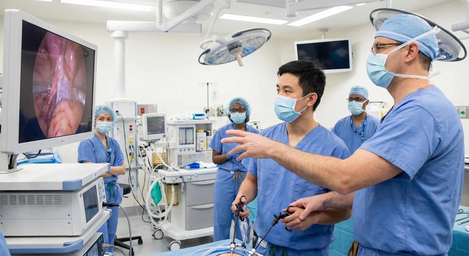 General surgery resident performing a laparoscopic procedure under supervision - General Surgery for Mastering Your General S