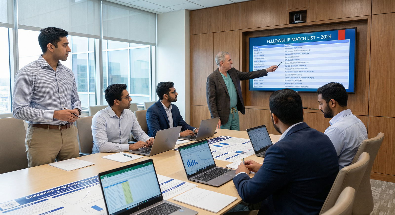 Surgical residents reviewing research data and fellowship options - General Surgery for Mastering Your General Surgery Reside