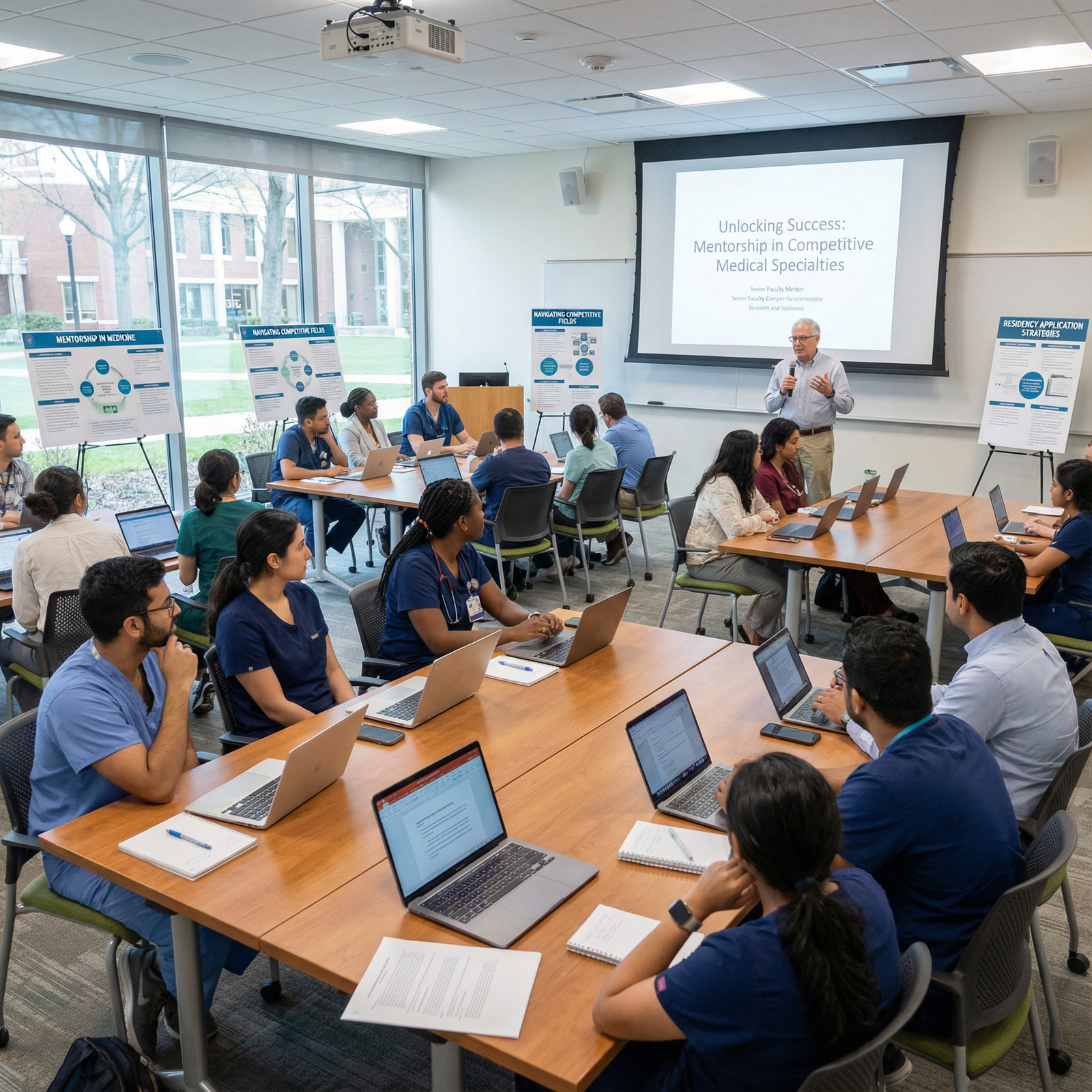 Medical students and residents networking at a career development workshop Medical students and residents networking at a career development workshop - Mentorship for Unlocking Success: The Role of Me