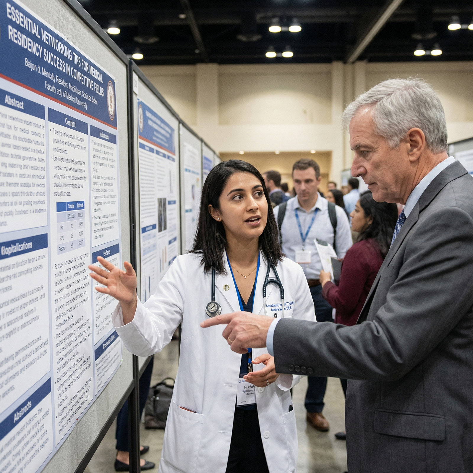 Resident presenting research poster to faculty mentor Resident presenting research poster to faculty mentor - Networking for Essential Networking Tips for Medical Residency Succes