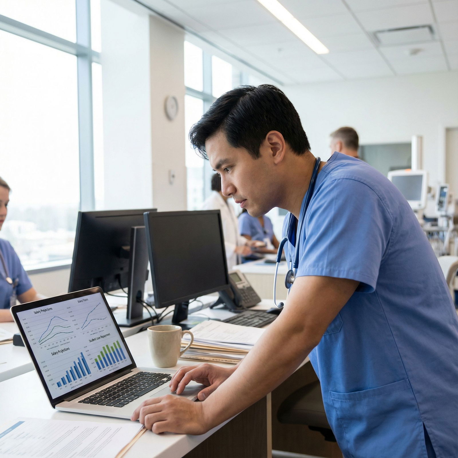 Resident comparing specialty income projections on a laptop - medical specialties for Choosing a Low-Paying Medical Specialty