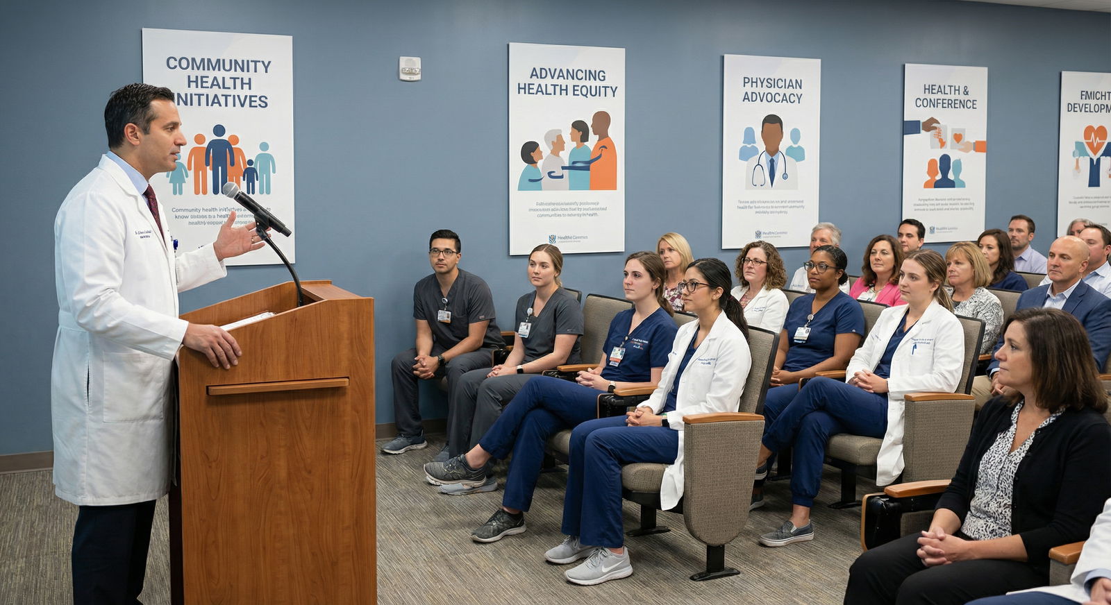 Physician speaking at a community health and advocacy event - medical specialties for Evaluating Low-Paying Medical Specialti