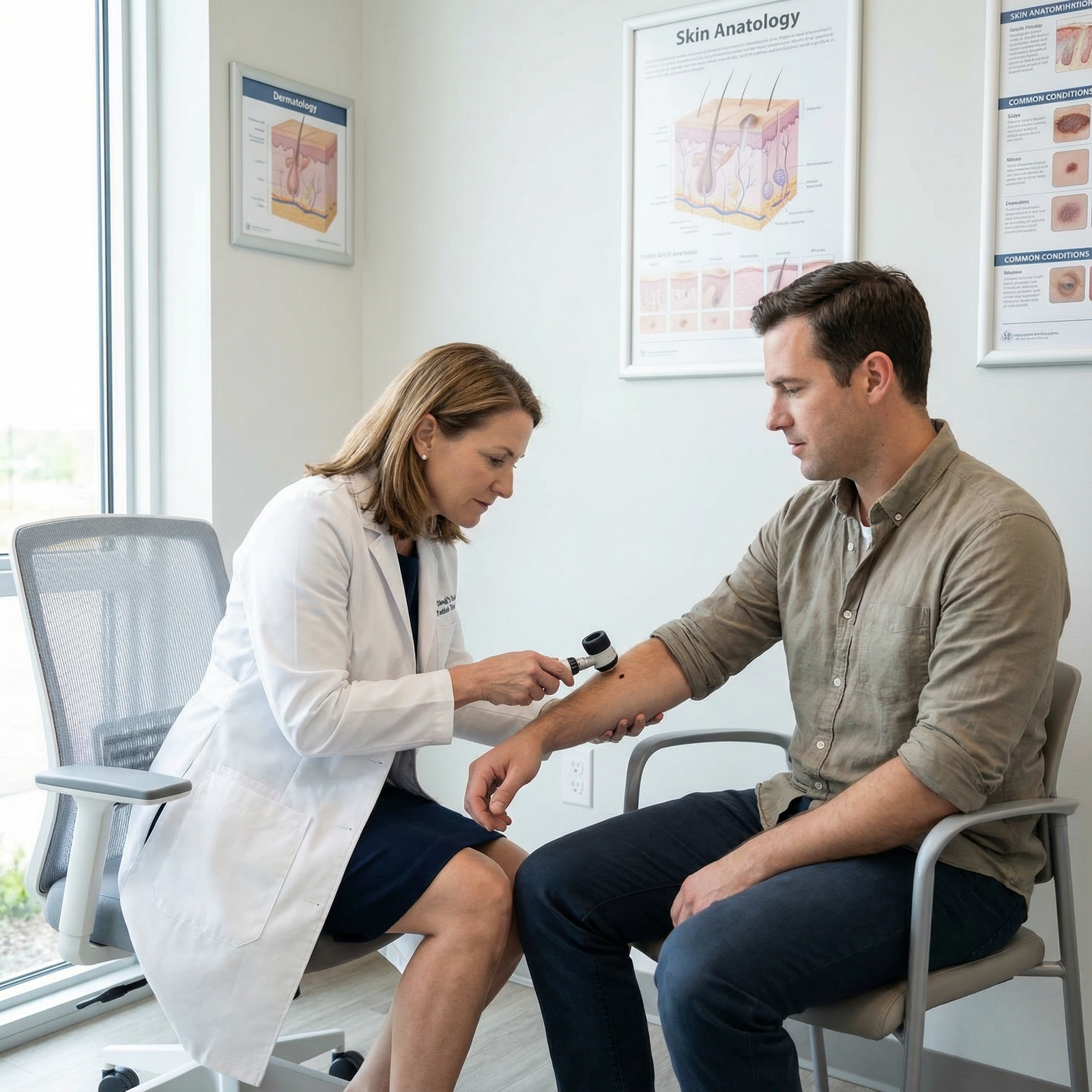 Dermatologist consulting with patient in outpatient clinic Dermatologist consulting with patient in outpatient clinic - lifestyle-friendly specialties for Top Lifestyle-Friendly Medica