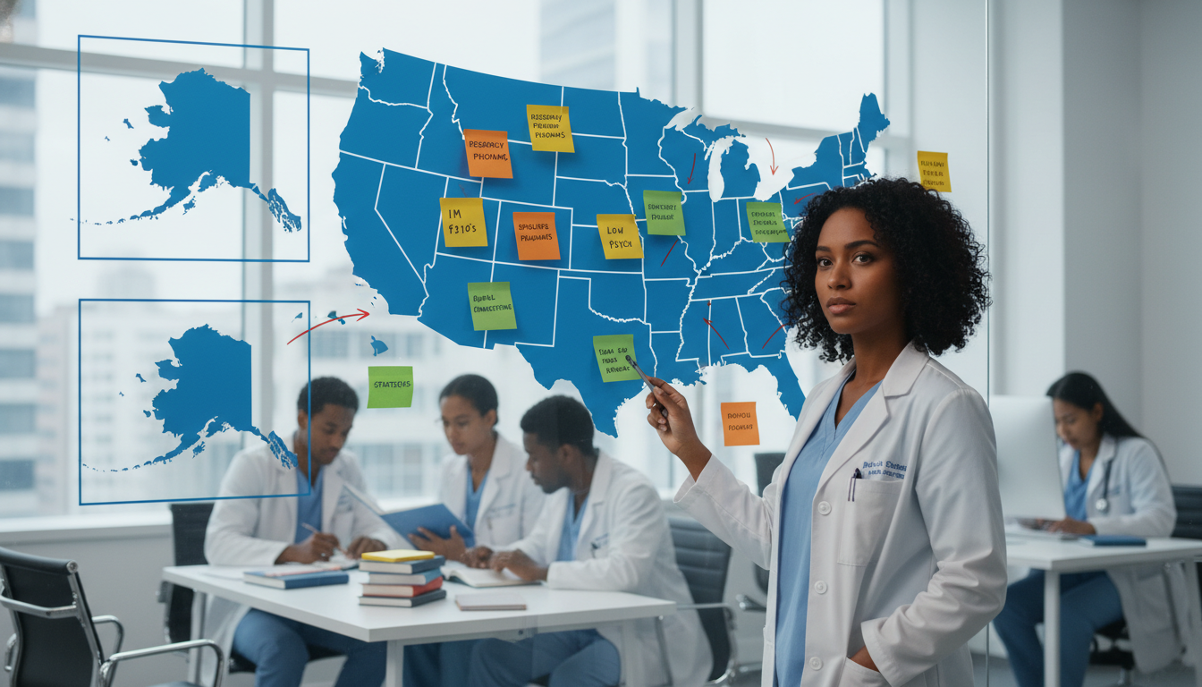 Map and planning board with Alaska and Hawaii residency targets - Caribbean medical school residency for Low Step Score Strat