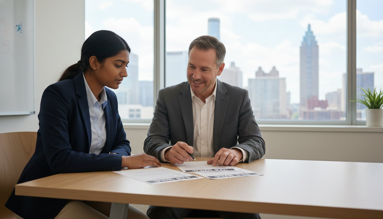 Caribbean IMG discussing visa options with advisor in Atlanta Caribbean IMG discussing visa options with advisor in Atlanta - Caribbean medical school residency for Visa Navigation for Re