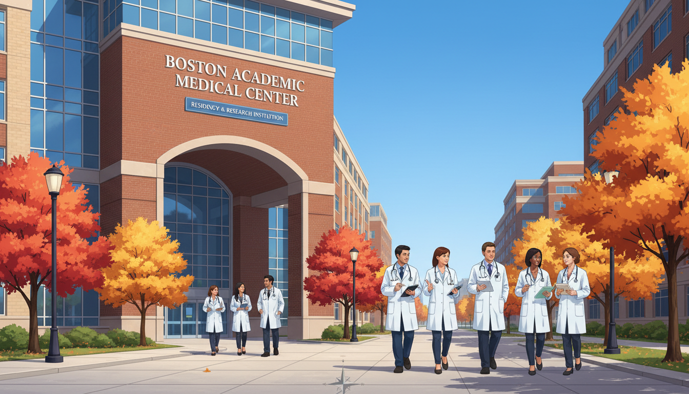 Boston teaching hospital exterior with residents walking Boston teaching hospital exterior with residents walking - Caribbean medical school residency for Visa Navigation for Residen