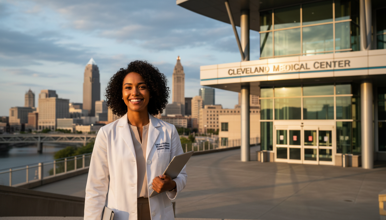Cleveland hospital skyline with international medical graduate walking toward entrance - Caribbean medical school residency f