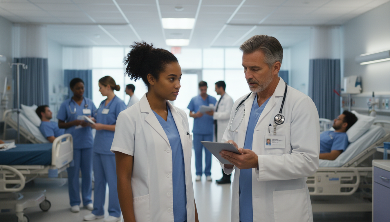 Caribbean IMG engaging with attending physician on a community hospital ward - Caribbean medical school residency for Low Ste