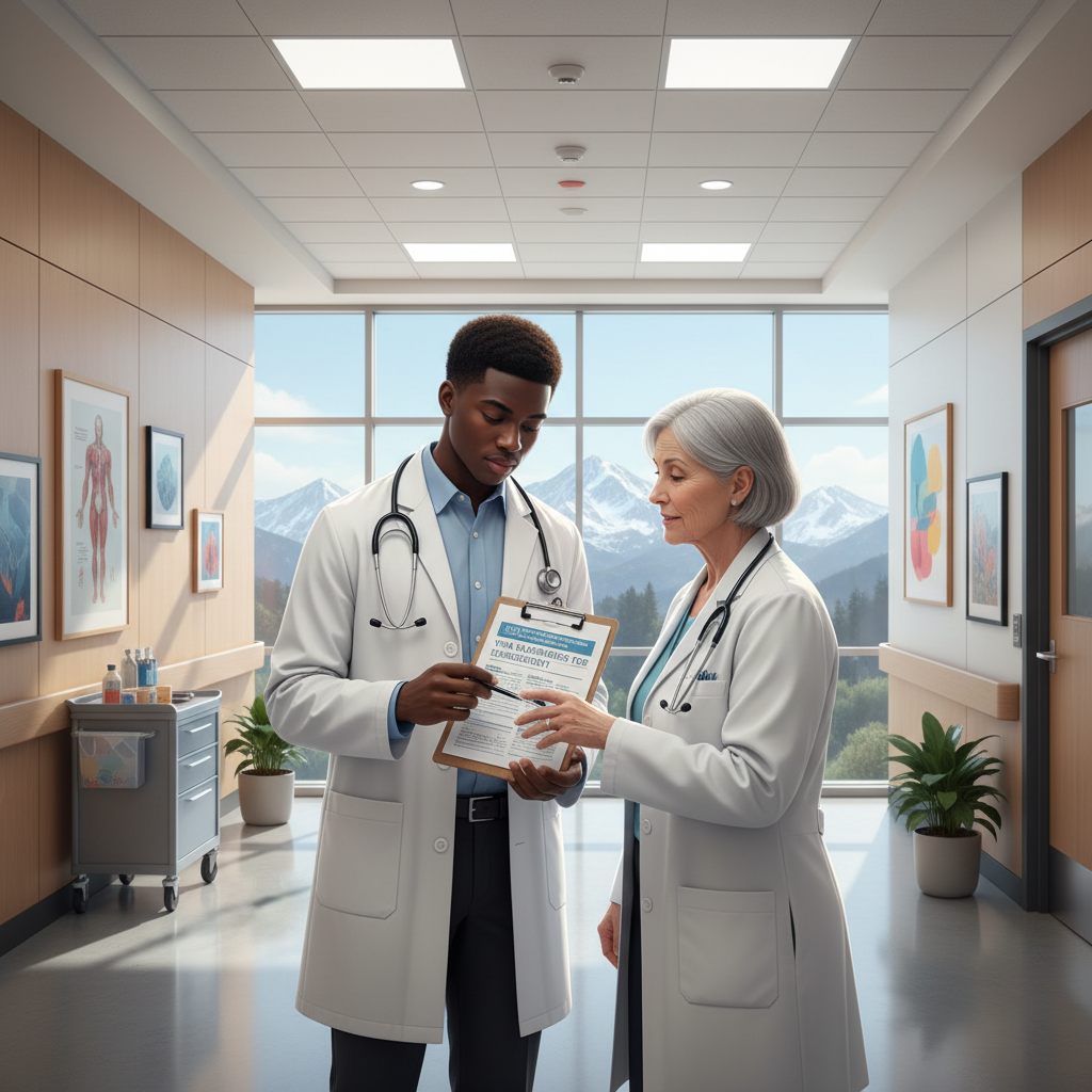 Caribbean IMG discussing residency visa plans with mentor in Denver hospital - Caribbean medical school residency for Visa Na