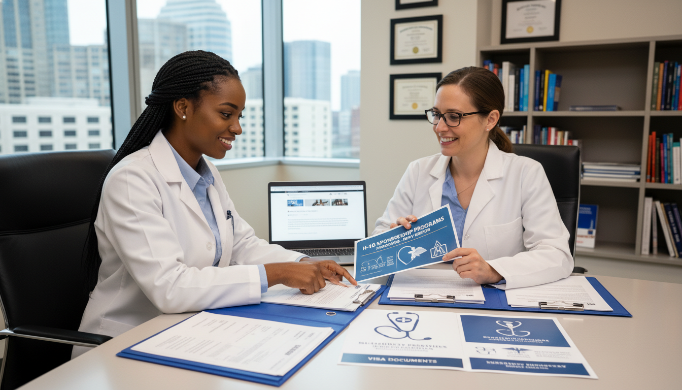 IMG physician discussing H-1B visa options with program coordinator IMG physician discussing H-1B visa options with program coordinator - Caribbean medical school residency for H-1B Sponsorship