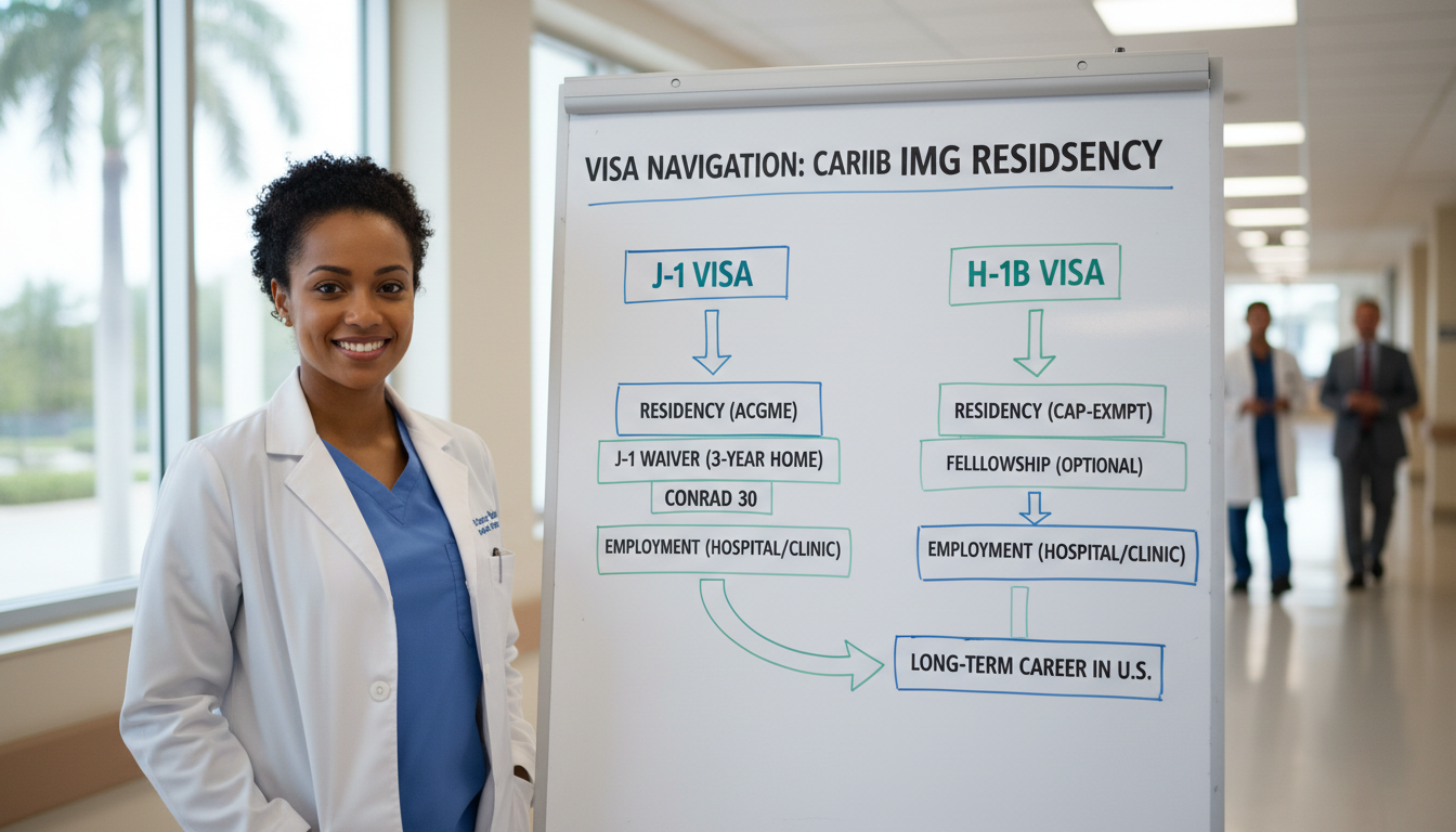 Flowchart of J-1 vs H-1B pathways for Caribbean IMG residency Flowchart of J-1 vs H-1B pathways for Caribbean IMG residency - Caribbean medical school residency for Visa Navigation for Re