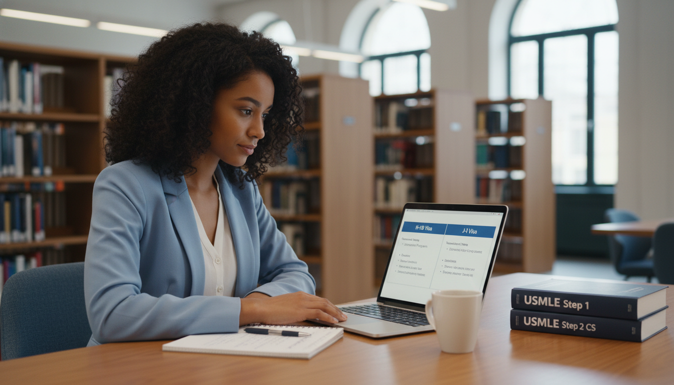 Caribbean IMG comparing H-1B vs J-1 visa paths on laptop Caribbean IMG comparing H-1B vs J-1 visa paths on laptop - Caribbean medical school residency for H-1B Sponsorship Programs f