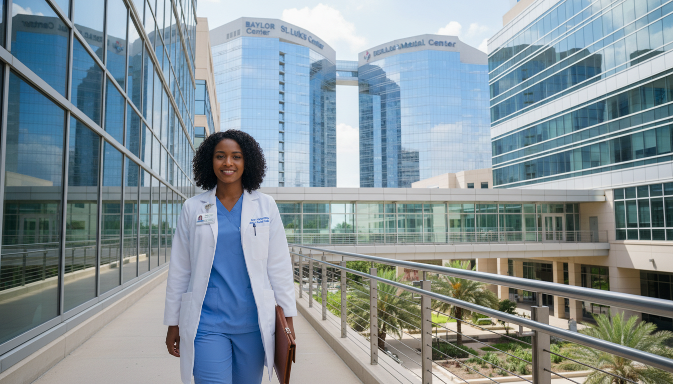 IMG resident walking through Texas Medical Center campus IMG resident walking through Texas Medical Center campus - Caribbean medical school residency for H-1B Sponsorship Programs f