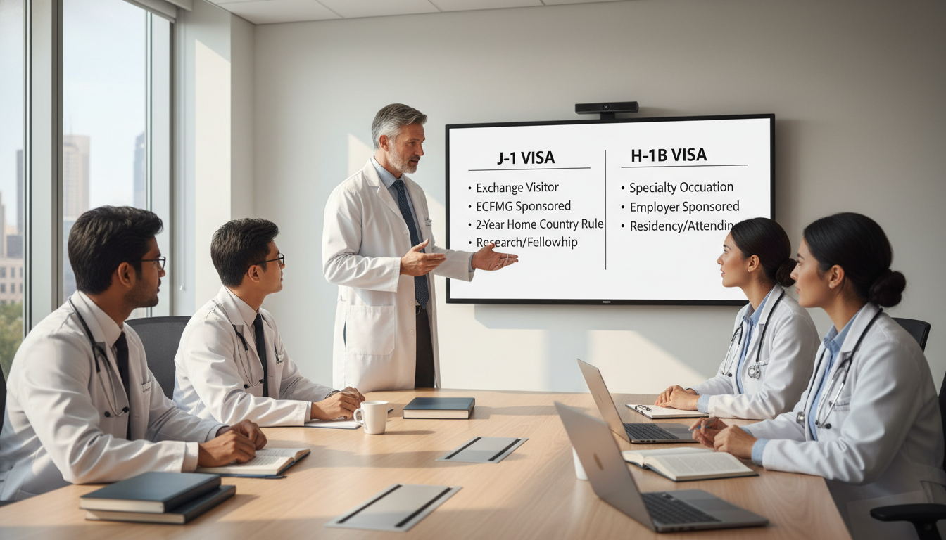 International medical graduates discussing J-1 versus H-1B options - Caribbean medical school residency for Visa Navigation f