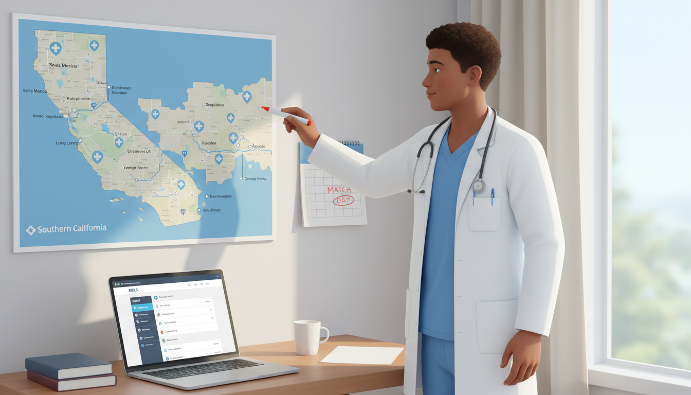 Residency applicant marking Los Angeles programs on a map - Caribbean medical school residency for Low Step Score Strategies