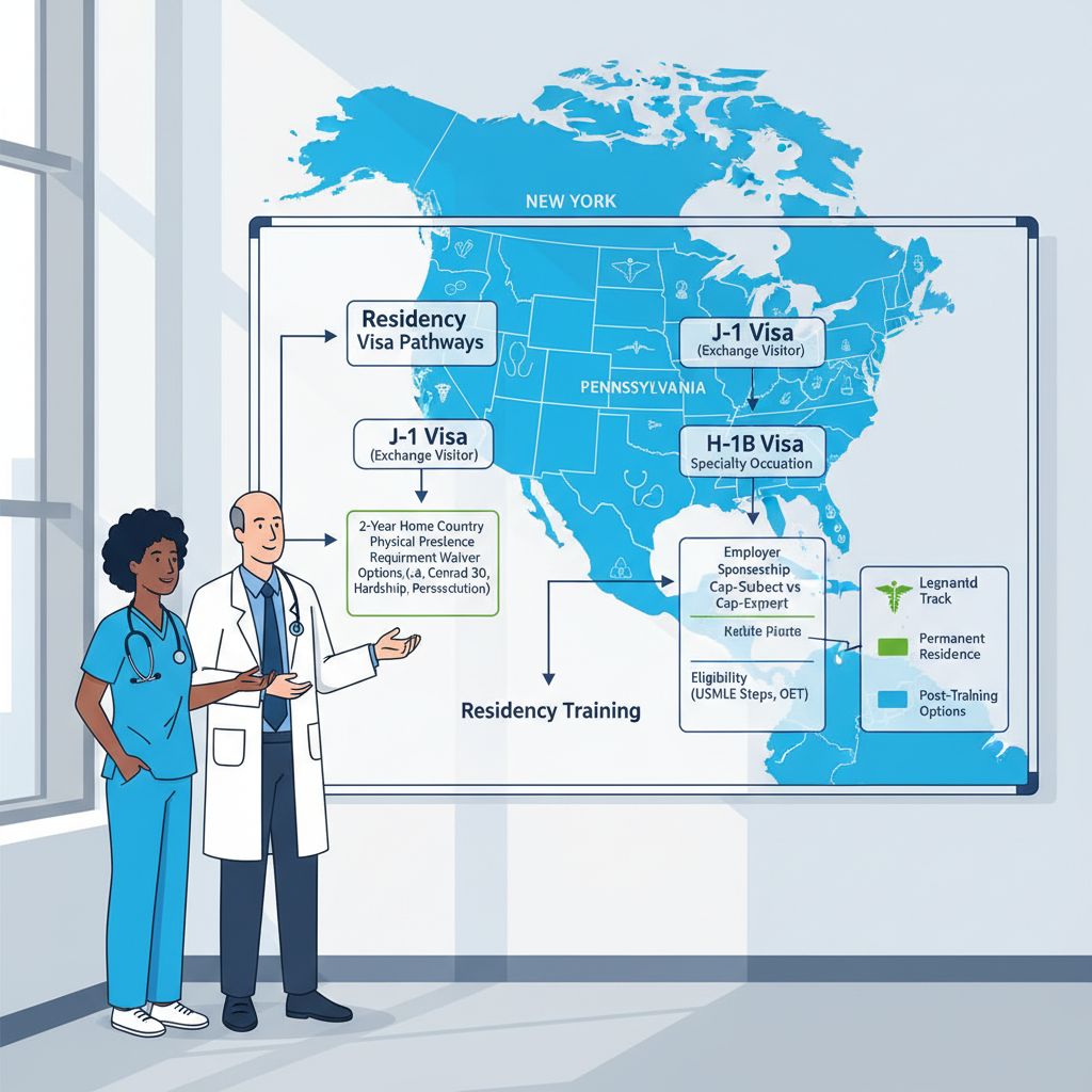 Diagram explaining J-1 vs H-1B options for Caribbean IMGs applying to Northeast residencies Diagram explaining J-1 vs H-1B options for Caribbean IMGs applying to Northeast residencies - Caribbean medical school reside