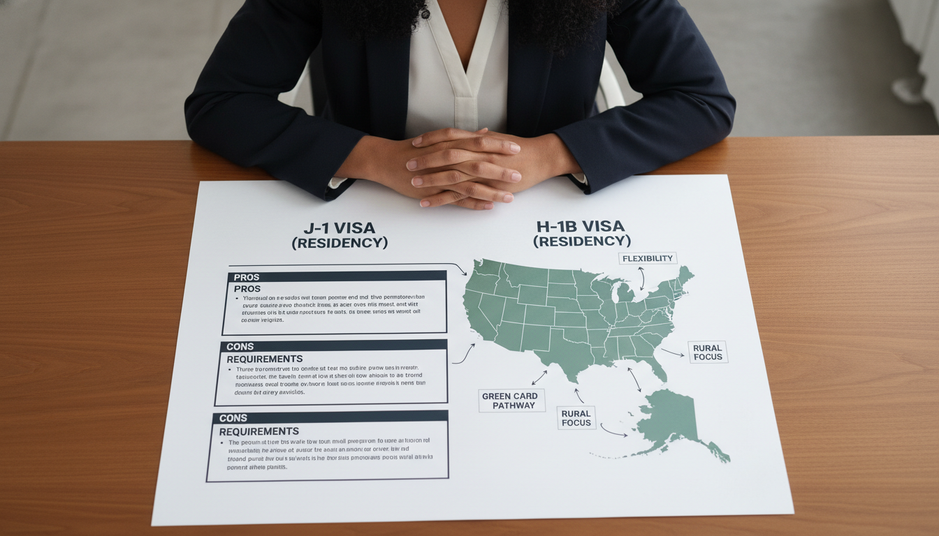 Flowchart of J-1 vs H-1B visa options for Caribbean IMGs Flowchart of J-1 vs H-1B visa options for Caribbean IMGs - Caribbean medical school residency for Visa Navigation for Residen
