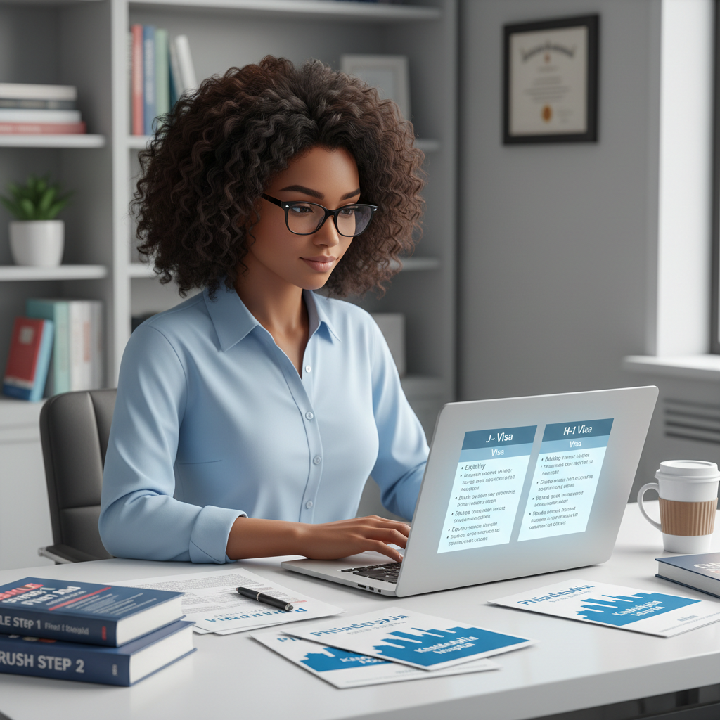 IMG reviewing J-1 and H-1B visa comparison chart IMG reviewing J-1 and H-1B visa comparison chart - Caribbean medical school residency for Visa Navigation for Residency for C