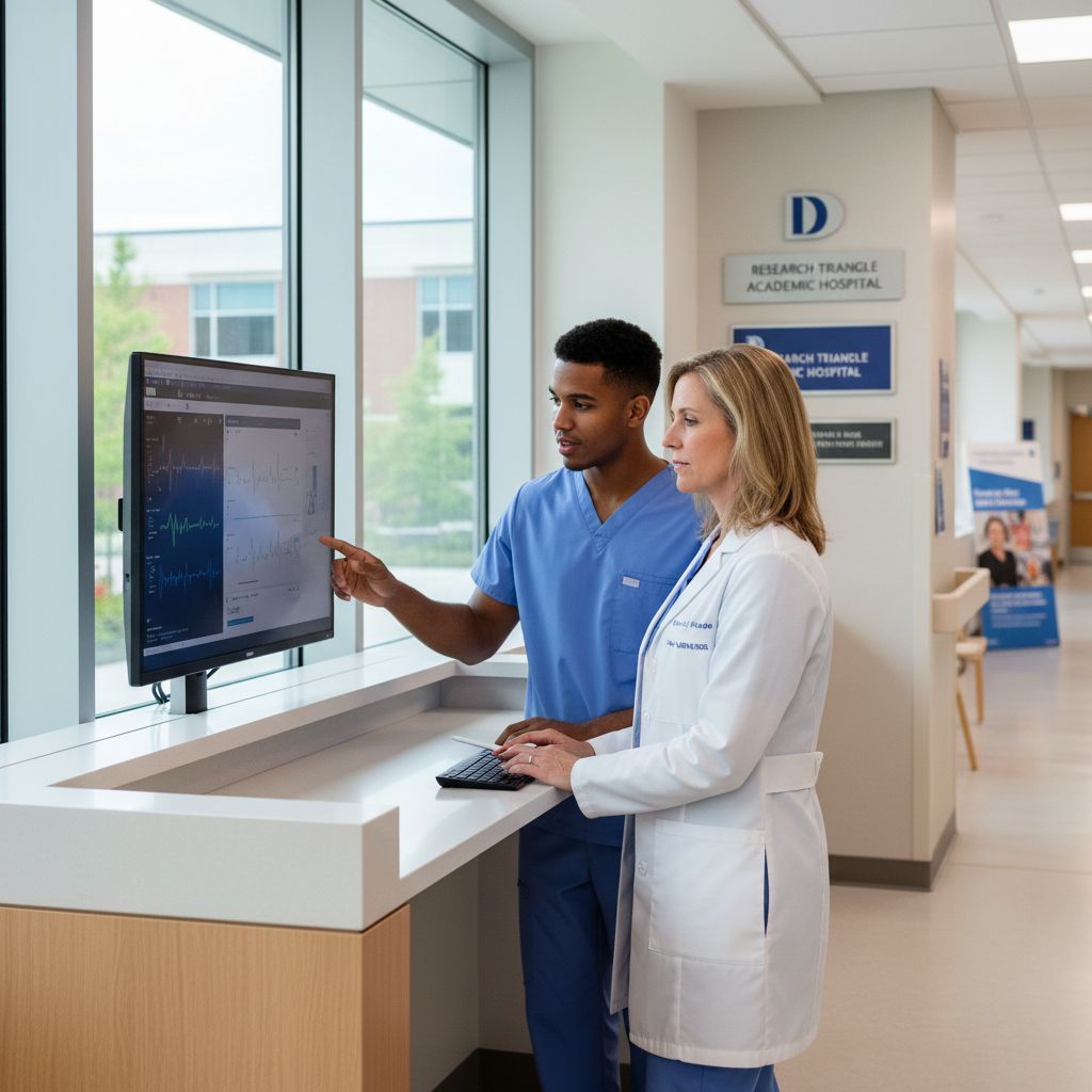 Medical resident and attending physician reviewing a patient chart at Duke-affiliated hospital - Caribbean medical school res