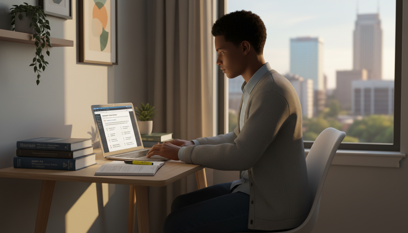 Caribbean IMG studying for Step 2 CK with laptop and question bank in a Raleigh apartment - Caribbean medical school residenc