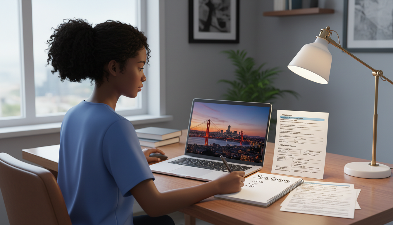 Caribbean IMG reviewing visa options at a desk with US immigration forms and San Francisco skyline on laptop - Caribbean medi
