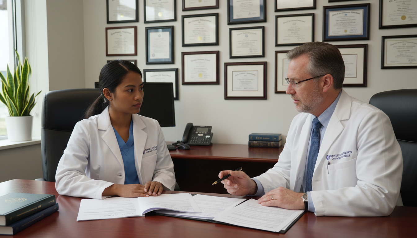Resident physician discussing H-1B sponsorship and career planning with program director Resident physician discussing H-1B sponsorship and career planning with program director - Caribbean medical school residency