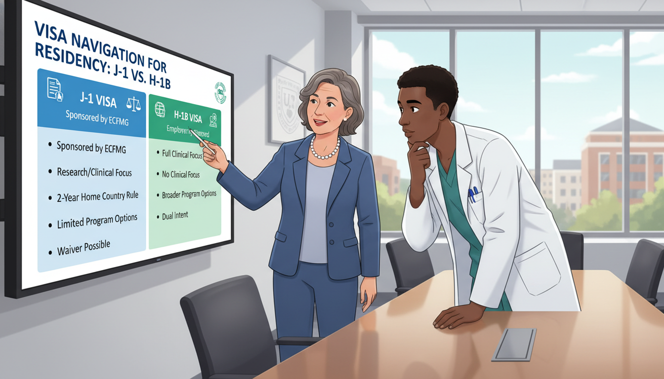 Comparison chart of J-1 versus H-1B visa options for IMGs Comparison chart of J-1 versus H-1B visa options for IMGs - Caribbean medical school residency for Visa Navigation for Reside
