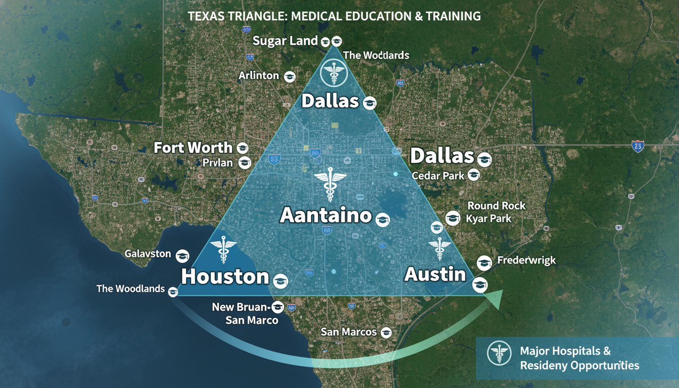 Map of Texas Triangle showing major residency hubs for Caribbean IMGs Map of Texas Triangle showing major residency hubs for Caribbean IMGs - Caribbean medical school residency for Geographic Fle