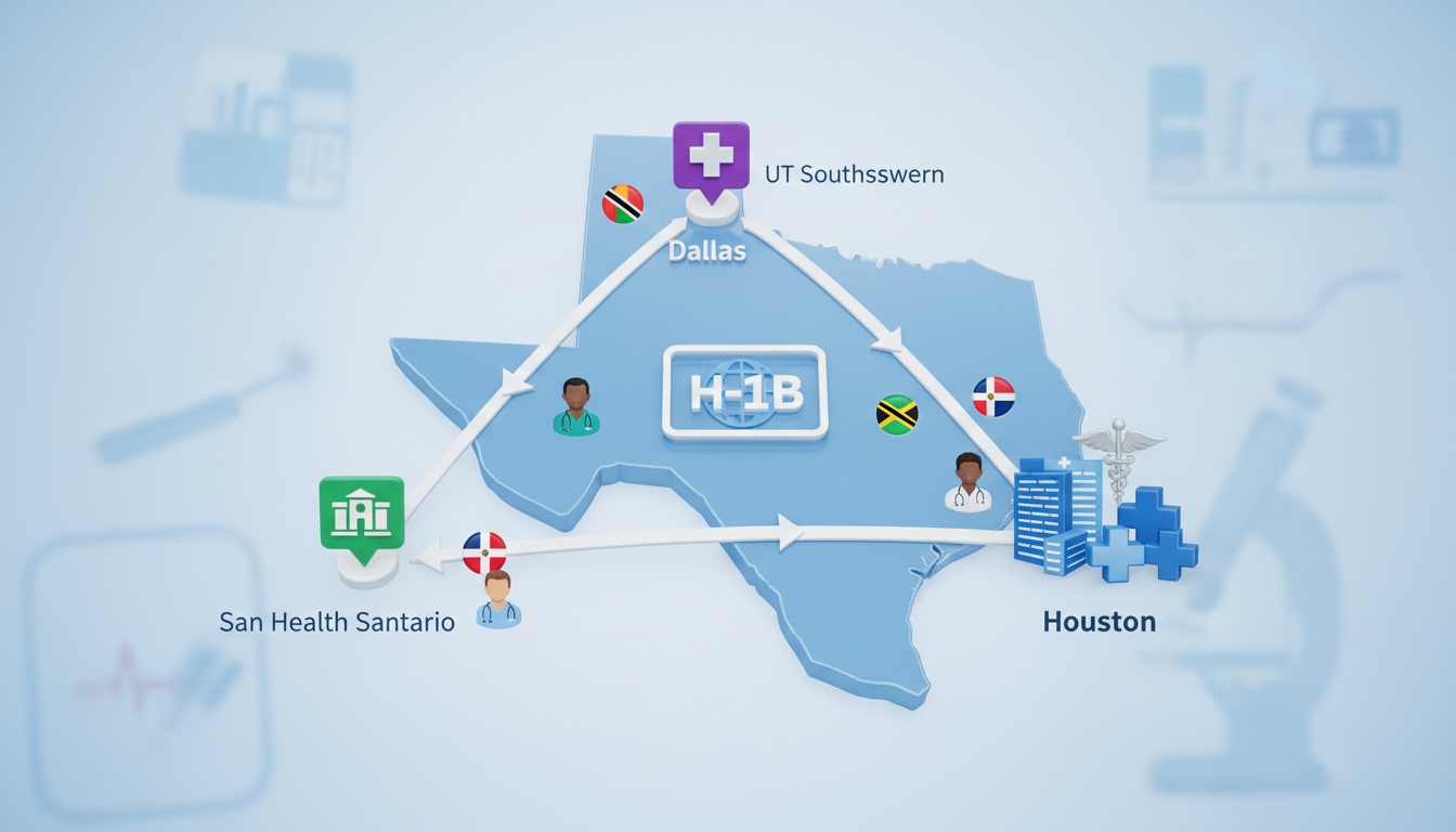 Texas Triangle with major academic hospitals highlighted Texas Triangle with major academic hospitals highlighted - Caribbean medical school residency for H-1B Sponsorship Programs f