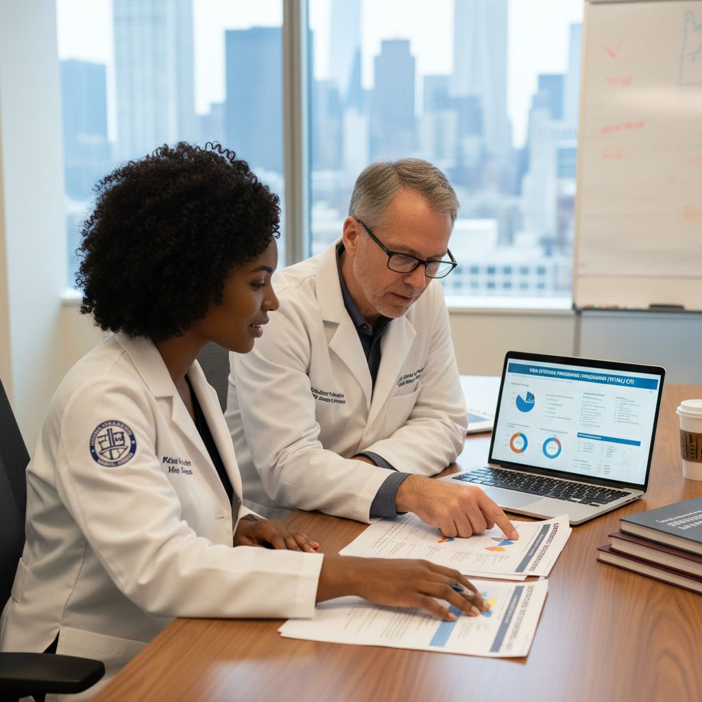 Caribbean medical graduate reviewing residency and visa options with mentor Caribbean medical graduate reviewing residency and visa options with mentor - Caribbean medical school residency for H-1B Spo