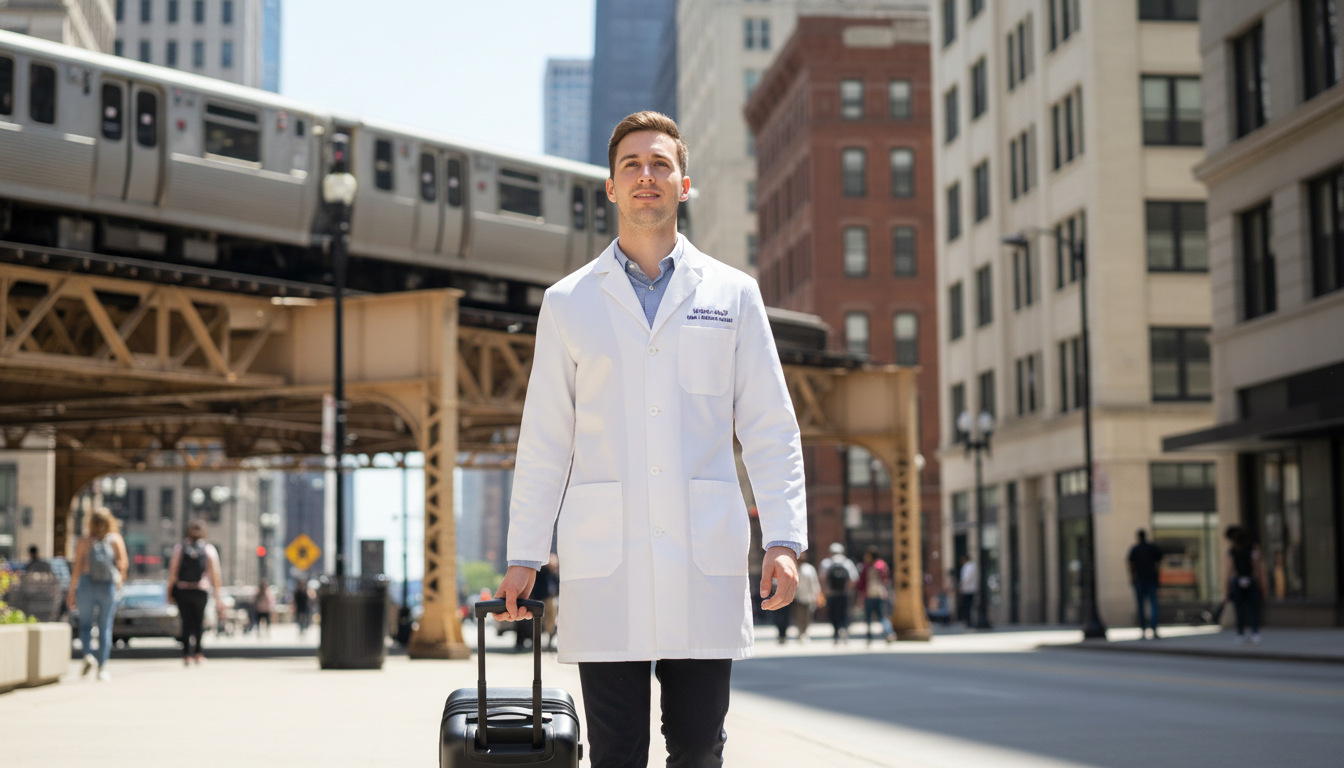 DO resident walking in Chicago with luggage symbolizing mobility DO resident walking in Chicago with luggage symbolizing mobility - DO graduate residency for Geographic Flexibility for DO Gr