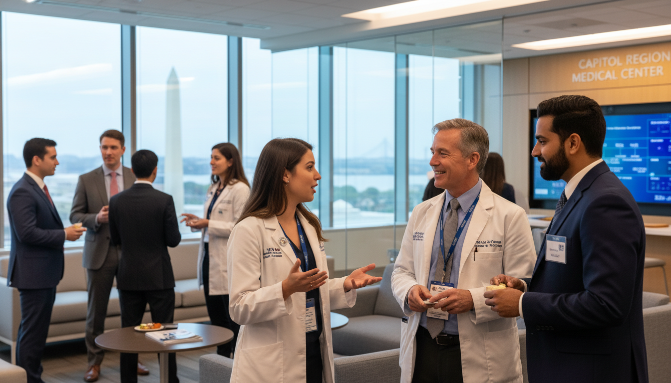 Osteopathic resident physician networking at a hospital conference in the DMV region - DO graduate residency for Low Step Sco