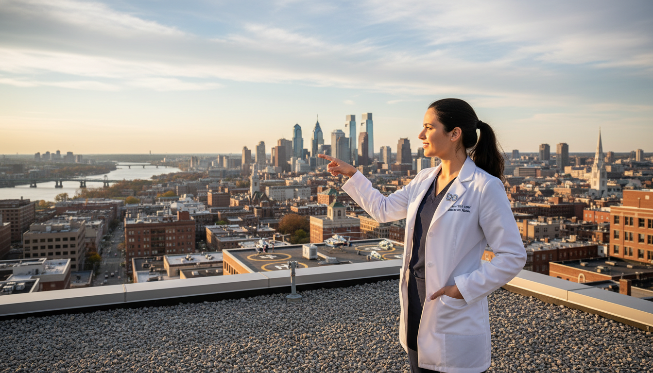 Osteopathic resident physician on hospital rooftop in a Northeast city Osteopathic resident physician on hospital rooftop in a Northeast city - DO graduate residency for Geographic Flexibility for