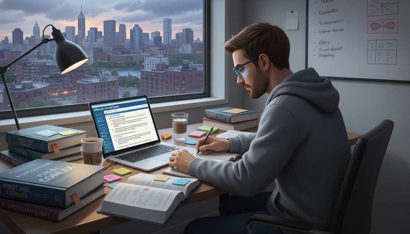 DO student studying for board exams with digital resources and textbooks - DO graduate residency for Low Step Score Strategie