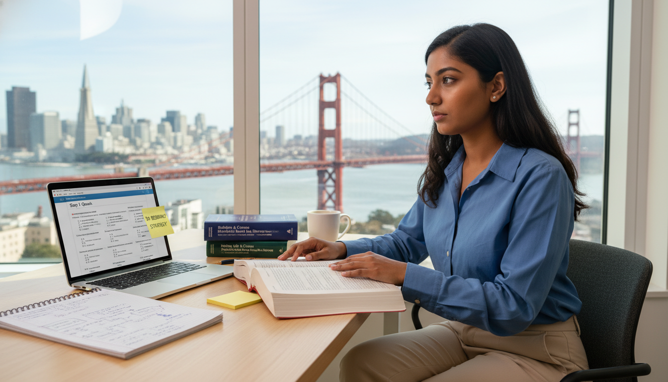 Medical graduate preparing for Step 2 exam with San Francisco skyline in background Medical graduate preparing for Step 2 exam with San Francisco skyline in background - DO graduate residency for Low Step Scor