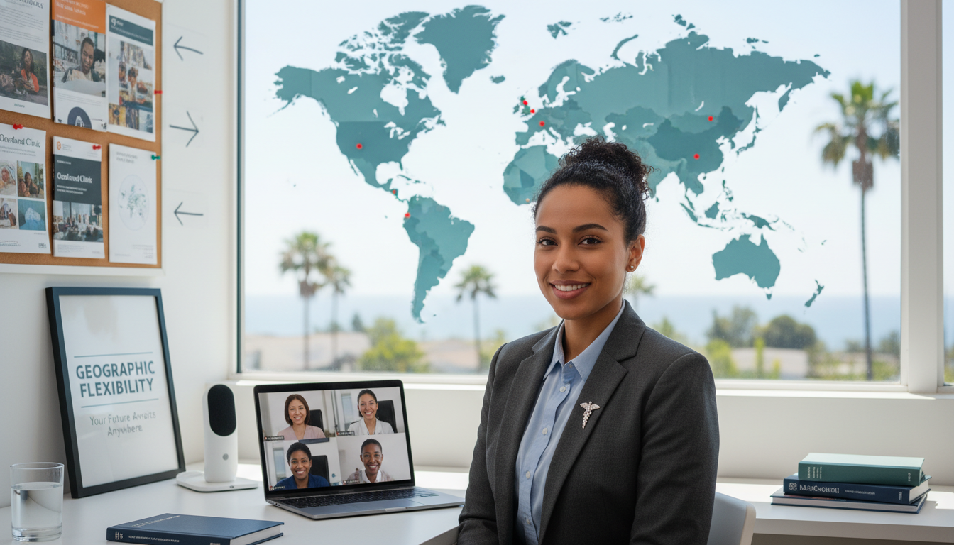 DO applicant interviewing via video with maps and residency brochures in background DO applicant interviewing via video with maps and residency brochures in background - DO graduate residency for Geographic Fl