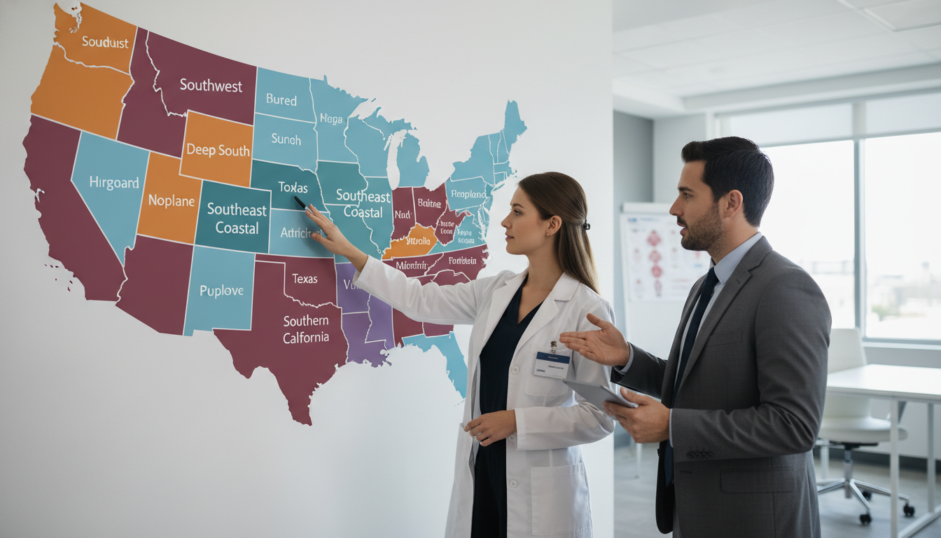 Map showing Sun Belt regions and residency markets Map showing Sun Belt regions and residency markets - DO graduate residency for Geographic Flexibility for DO Graduate in Sun