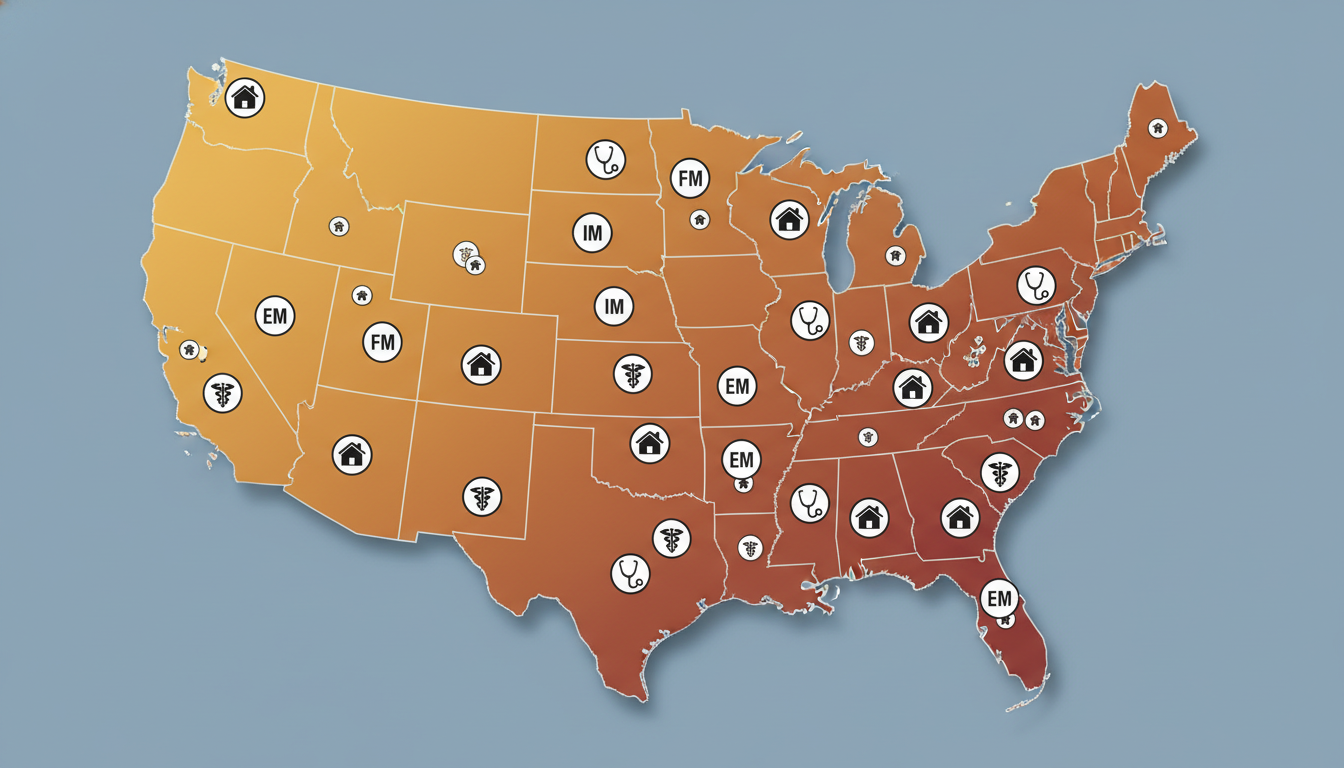 Map of Sun Belt states with highlighted residency program locations - DO graduate residency for Low Step Score Strategies for
